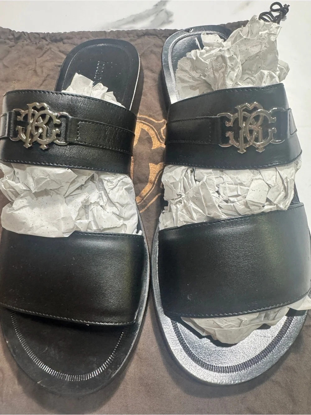 Roberto Cavalli Black Leather Slide Sandals with Metal Logo Accent